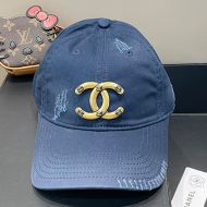 Chanel Baseball Cap with Multiple Logo in Distressed Denim Navy Blue