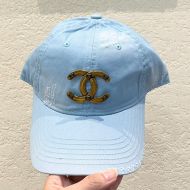 Chanel Baseball Cap with Multiple Logo in Distressed Denim Sky Blue