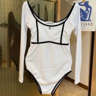 Chanel Bodysuit with Crystal Logo Patch Women Nylon and Lycra White