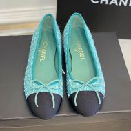 Chanel Bow Ballet Flats Women Cotton and Wool Tweed and Grosgrain Teal