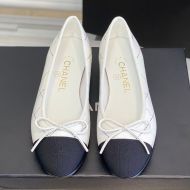 Chanel Bow Ballet Flats Women Diamond Calfskin and Grosgrain White