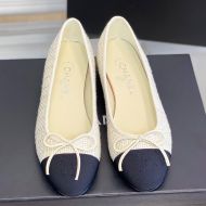 Chanel Bow Ballet Flats Women Wool Tweed and Grosgrain Beige