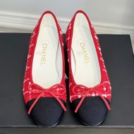 Chanel Bow Ballet Flats Women Wool Tweed and Grosgrain Red