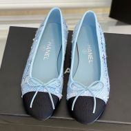 Chanel Bow Ballet Flats Women Wool Tweed and Grosgrain Sky Blue