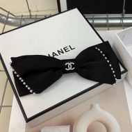 Chanel Bow Hair Clip with Crystal Logo and Pearl Embellishment in Satin Black