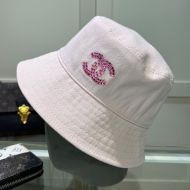 Chanel Bucket Hat with Rhinestone Logo in Canvas White