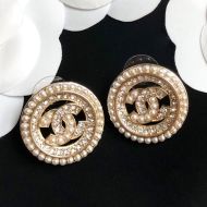 Chanel Round Logo Stud Earrings with Pearls and Rhinestones in Brass Gold