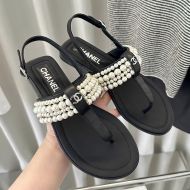 Chanel Flip-Flop Flat Sandals with Pearl Embellishment Women Lambskin Black