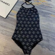 Chanel Halterneck Swimsuit with Allover Polka Dot Logo Motif Women Cotton Black