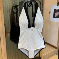 Chanel Halterneck Swimsuit with Logo Quilted Motif Women Cotton White