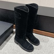 Chanel High Boots with Logo Patch Women Suede Black