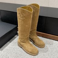 Chanel High Boots with Logo Patch Women Suede Brown