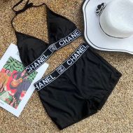 Chanel High Waisted Bikini with CC Logo Embroidery Women Cotton Black