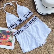 Chanel High Waisted Bikini with CC Logo Embroidery Women Cotton White