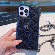 Chanel iPhone Case with Flap Card Holder and Ball Chain Strap in Grained Calfskin Black