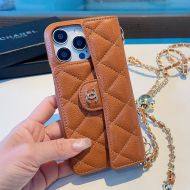 Chanel iPhone Case with Flap Card Holder and Ball Chain Strap in Grained Calfskin Brown