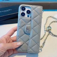 Chanel iPhone Case with Flap Card Holder and Ball Chain Strap in Grained Calfskin Grey