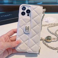 Chanel iPhone Case with Flap Card Holder and Ball Chain Strap in Grained Calfskin White