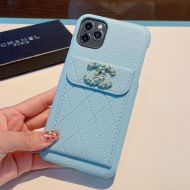 Chanel iPhone Case with Woven Logo and Flap Card Holder in Grained Calfskin Sky Blue