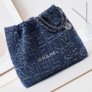 Chanel AS3261 Large 22 Hobo Bag with Chanel Logo Embroidery in Denim Blue