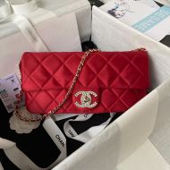 Chanel AS3791 Large Classic Flap Shoulder Bag with Pearl Embellishment in Satin Red