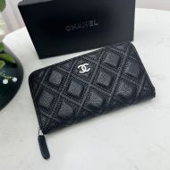 Chanel Large Long Zipped Bifold Wallet in Grained Calfskin Black/Silver