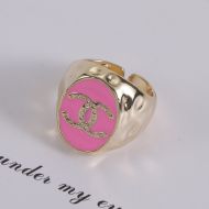 Chanel Logo Thick Open Ring in Brass and Enamel Pink