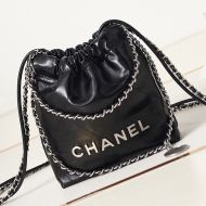 Chanel AS3980 Mini 22 Hobo Bag with Double Crossbody Strap in Shiny Calfskin Black/Silver