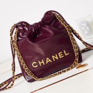 Chanel AS3980 Mini 22 Hobo Bag with Double Crossbody Strap in Shiny Calfskin Burgundy