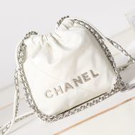 Chanel AS3980 Mini 22 Hobo Bag with Double Crossbody Strap in Shiny Calfskin White/Silver