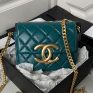 Chanel AS3854 Mini Flap Crossbody Bag with Chain and Maxi Logo in Shiny Calfskin Teal