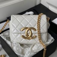 Chanel AS3854 Mini Flap Crossbody Bag with Chain and Maxi Logo in Shiny Calfskin White