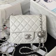 Chanel AS1786 Mini Flap Crossbody Bag with Pearl Crush in Shiny Lambskin White/Silver