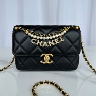 Chanel AS4986 Mini Flap Crossbody Bag with Pearls and Chanel Crystals in Shiny Lambskin Black