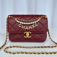 Chanel AS4986 Mini Flap Crossbody Bag with Pearls and Chanel Crystals in Shiny Lambskin Burgundy