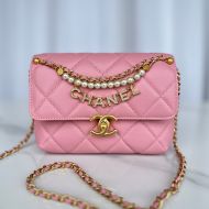 Chanel AS4986 Mini Flap Crossbody Bag with Pearls and Chanel Crystals in Shiny Lambskin Pink