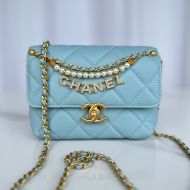 Chanel AS4986 Mini Flap Crossbody Bag with Pearls and Chanel Crystals in Shiny Lambskin Sky Blue