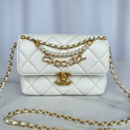 Chanel AS4986 Mini Flap Crossbody Bag with Pearls and Chanel Crystals in Shiny Lambskin White