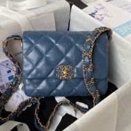 Chanel AS4423 Mini Flap Shoulder Bag with Woven Logo in Shiny Crumpled Calfskin Navy Blue