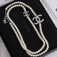 Chanel Pearl Long Necklace with Rhinestone Logo in Metal Beige