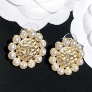 Chanel Pearl Round Stud Earrings with Logo Quilted Motif in Brass Gold