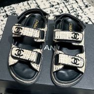 Chanel Platform Sandals with Velcro Strap Women Woven and Calfskin Beige