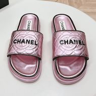 Chanel Platform Slides with Chanel Logo Women Quilted Lambskin Cherry