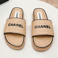 Chanel Platform Slides with Chanel Logo Women Quilted Lambskin Khaki