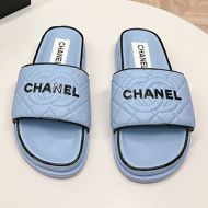 Chanel Platform Slides with Chanel Logo Women Quilted Lambskin Sky Blue