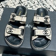 Chanel Platform Slides with Velcro Strap Women Woven and Calfskin Beige