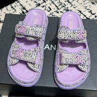 Chanel Platform Slides with Velcro Strap Women Woven and Calfskin Purple