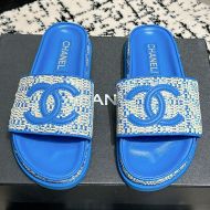 Chanel Platform Slides Women Woven and Calfskin Navy Blue