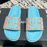 Chanel Platform Slides Women Woven and Calfskin Sky Blue