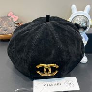 Chanel Pumpkin Beret Hat with Bamboo Logo in Suede Black